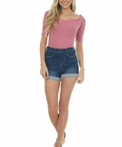 Aemi + Co Mauve Ribbed 3-4 Sleeve Top With Ruffle Trim Tops