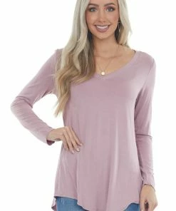 ZENANA Mauve Rounded Hem V Neck Soft Knit Top