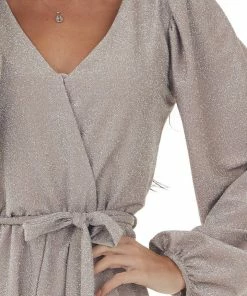 Peach Love Mauve Shimmery Surplice Bubble Sleeve Romper 25 Peach Love Mauve Shimmery Surplice Bubble Sleeve Romper