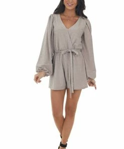 Peach Love Mauve Shimmery Surplice Bubble Sleeve Romper 22 Peach Love Mauve Shimmery Surplice Bubble Sleeve Romper