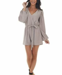 Peach Love Mauve Shimmery Surplice Bubble Sleeve Romper 21 Peach Love Mauve Shimmery Surplice Bubble Sleeve Romper
