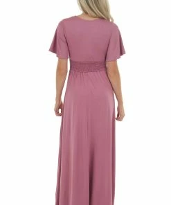 Dress Day Mauve Short Sleeve Empire Waist Maxi Dress