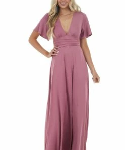 Dress Day Mauve Short Sleeve Empire Waist Maxi Dress