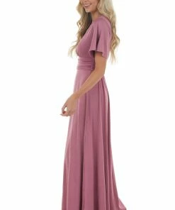 Dress Day Mauve Short Sleeve Empire Waist Maxi Dress