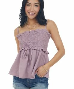 BiBi Tops Mauve Smocked Ruffle Edge Tank Top With Tie