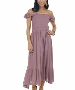 Jodifl Dresses Mauve Smocked Ruffle Strap Ruffle Midi Dress