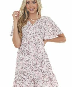 Jodifl Mauve Spotted Smocked Bodice Babydoll Dress
