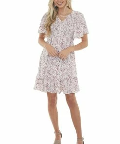 Jodifl Mauve Spotted Smocked Bodice Babydoll Dress