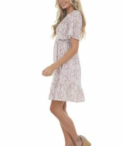 Jodifl Mauve Spotted Smocked Bodice Babydoll Dress