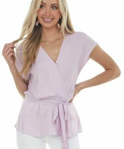 NAKED ZEBRA Mauve Surplice Drop Waist Silky Blouse Tops