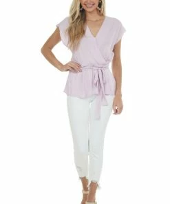 NAKED ZEBRA Mauve Surplice Drop Waist Silky Blouse Tops