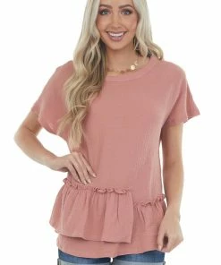Wishlist Mauve Textured Woven Top With Asymmetrical Layered Peplum Tops
