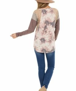 7th Ray Mauve Tie Dye Top With Multiprint And Braided Detail Sleeves Tops