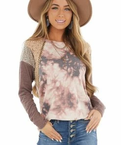 7th Ray Mauve Tie Dye Top With Multiprint And Braided Detail Sleeves Tops