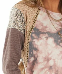 7th Ray Mauve Tie Dye Top With Multiprint And Braided Detail Sleeves Tops