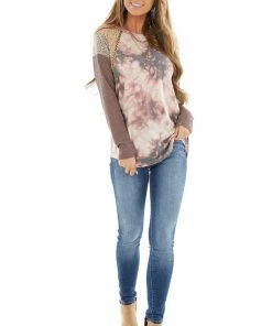 7th Ray Mauve Tie Dye Top With Multiprint And Braided Detail Sleeves Tops