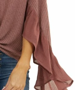 Listicle Mauve Waffle Knit Button Up Top With Trumpet Sleeves Tops