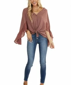 Listicle Mauve Waffle Knit Button Up Top With Trumpet Sleeves Tops