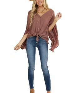Listicle Mauve Waffle Knit Button Up Top With Trumpet Sleeves Tops