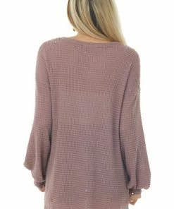 Jodifl Tops Mauve Waffle Knit Top With Long Bubble Sleeves