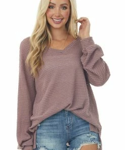 Jodifl Tops Mauve Waffle Knit Top With Long Bubble Sleeves
