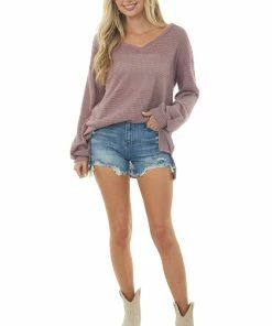 Jodifl Tops Mauve Waffle Knit Top With Long Bubble Sleeves