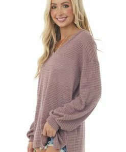 Jodifl Tops Mauve Waffle Knit Top With Long Bubble Sleeves