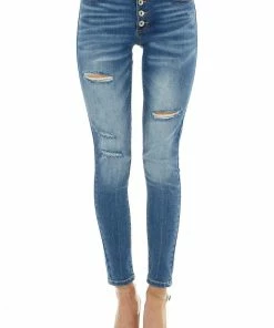 Special A Bottoms Medium Dark Wash Mid Rise Distressed Skinny Jeans