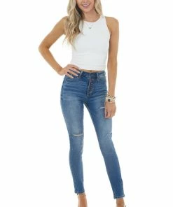 Special A Medium Dark Wash High Rise Button Fly Skinny Jeans