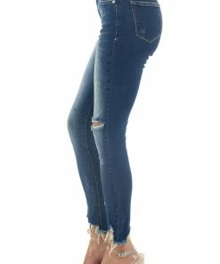 Special A Bottoms Medium Dark Wash Mid Rise Skinny Jeans With Shark Bite Hem