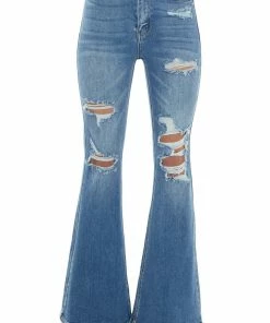 Cello Jeans Medium Denim Distressed High Rise Flare Jeans