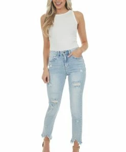 Special A Bottoms Medium Denim High Rise Distressed Frayed Jeans