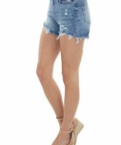 Risen Bottoms Medium Denim Wash High Rise Distressed Shorts