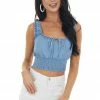 Style Melody Medium Wash Chambray Smocked Crop Woven Tank Top With Tie Tops