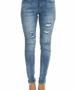 Special A Bottoms Medium Wash Denim Mid Rise Distressed Skinny Jeans
