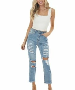 Cello Jeans Medium Wash Distressed High Rise Jeans With Frayed Detail