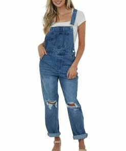 KanCan Medium Wash Distressed Knee Wide Leg Denim Overalls