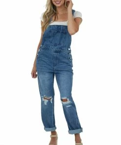 KanCan Medium Wash Distressed Knee Wide Leg Denim Overalls