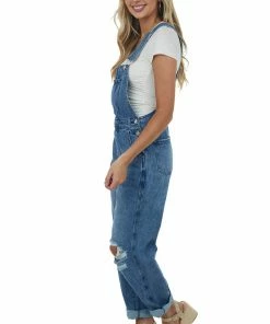 KanCan Medium Wash Distressed Knee Wide Leg Denim Overalls