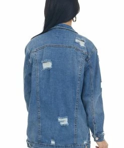 I&M Outerwear Medium Wash Distressed Longline Denim Jacket