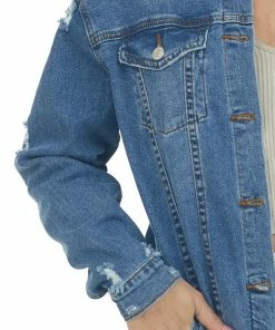 I&M Outerwear Medium Wash Distressed Longline Denim Jacket