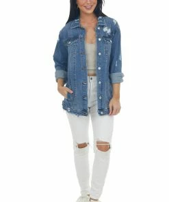 I&M Outerwear Medium Wash Distressed Longline Denim Jacket