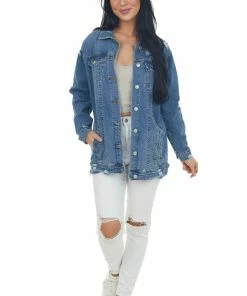 I&M Outerwear Medium Wash Distressed Longline Denim Jacket