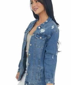 I&M Outerwear Medium Wash Distressed Longline Denim Jacket