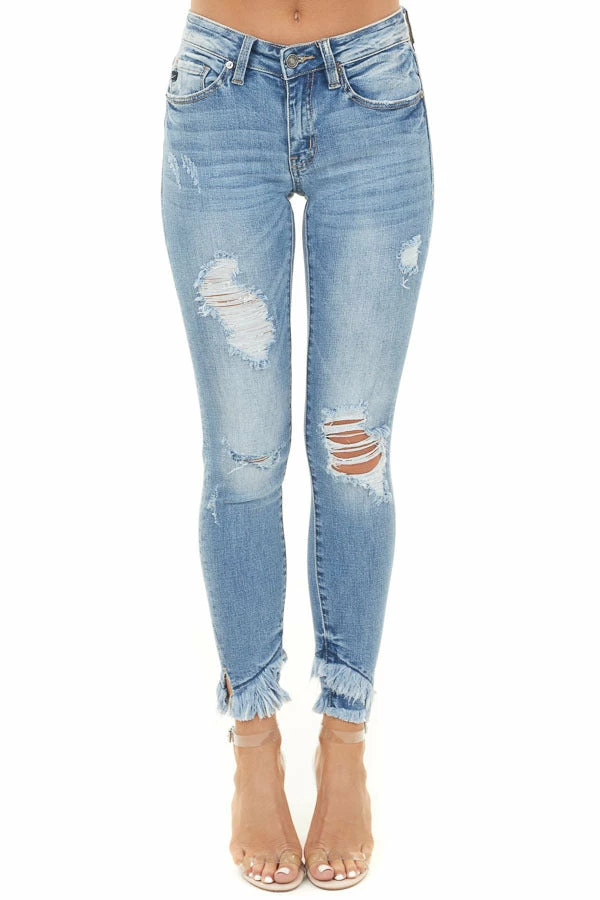 KanCan Medium Wash Distressed Mid Rise Skinny Jeans With Frayed Hem Bottoms 3 KanCan Medium Wash Distressed Mid Rise Skinny Jeans With Frayed Hem Bottoms