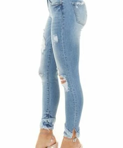 KanCan Medium Wash Distressed Mid Rise Skinny Jeans With Frayed Hem Bottoms