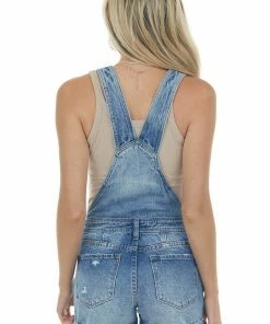 KanCan Dresses Medium Wash Folded Raw Hem Overall Shorts