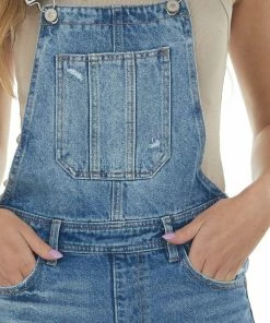 KanCan Dresses Medium Wash Folded Raw Hem Overall Shorts