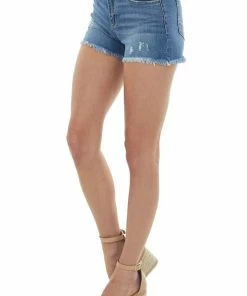 American Fit Bottoms Medium Wash Frayed Hem Mid Rise Denim Shorts