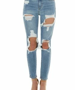 Cello Jeans Medium Wash Heavy Distressed Skinny Jeans Bottoms